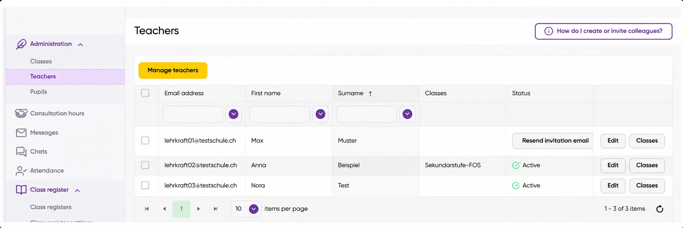 Product screenshot of LearnBird's teacher-administration screen, listing teachers with their classes and account status, alongside a sidebar for classes, pupils, consultation hours, messages, chats, attendance, and the class register.